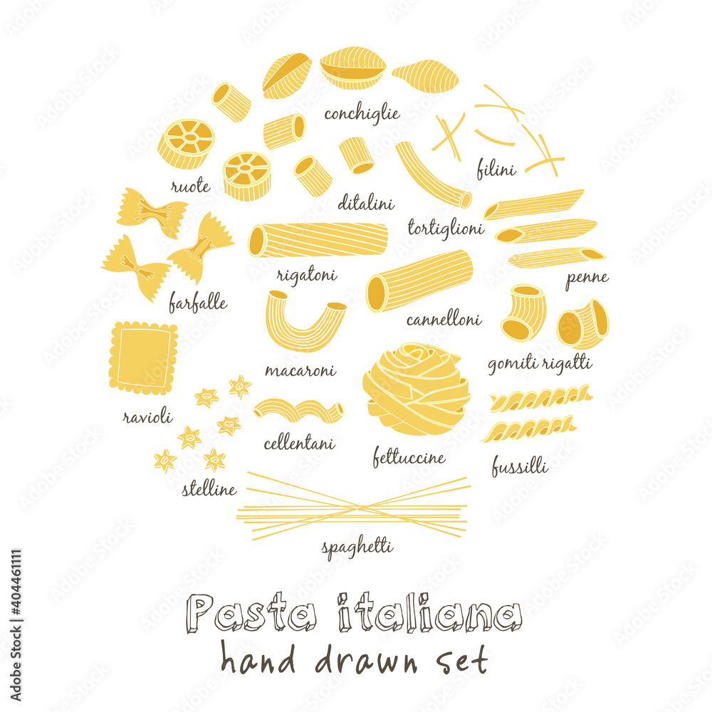 Pasta set drawings. Sketches. Hand-drawing. Vector illustration. Elements for design. Vector illustration