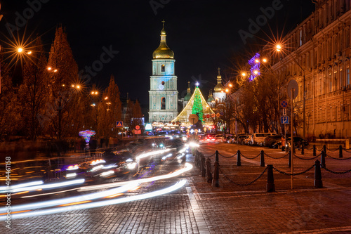 Kyiv,Ukraine-December 26th,2020:Amazing view of the St.Sophia Square with main Christmas tree of Ukraine at night light.