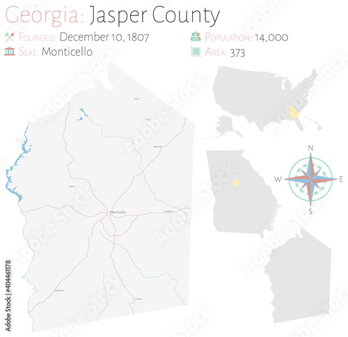 Large and detailed map of Jasper county in Georgia, USA.
