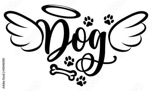 Dog angel with wings, gloria, bone and footprints, paws. - Hand drawn positive tattoo. Modern brush design. Memory ink. Love your dog. Inspirational vector graphic. 