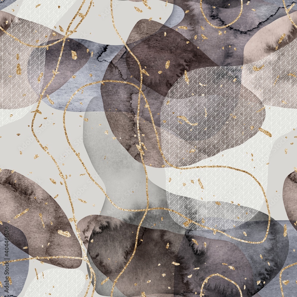 Seamless minimalist abstract watercolor paint and gold blobs shapes ...