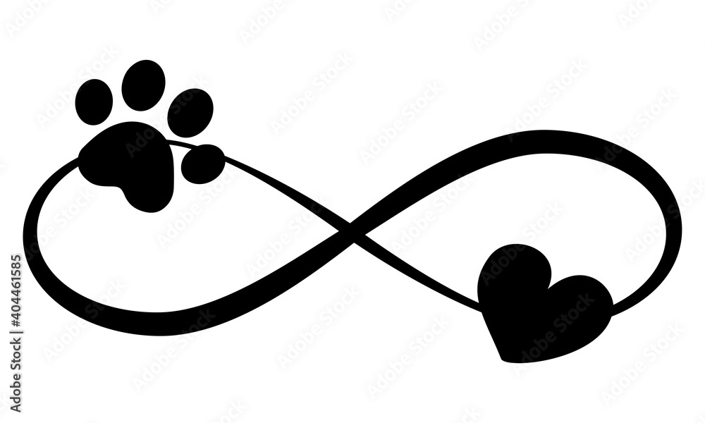 Dog or cat paw prints and heart - in infinity shape - lovely tattoo, ink.  Lovely heart with paw print and heart inside infinity symbol. Modern design  for pet lovers. Stock Vector |