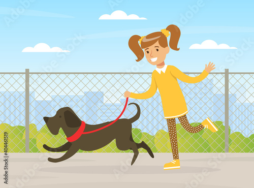 Cute Girl Walking with her Dog Outdoors, Kid Having Fun with Pet Animal on Summer Landscape Cartoon Vector Illustration