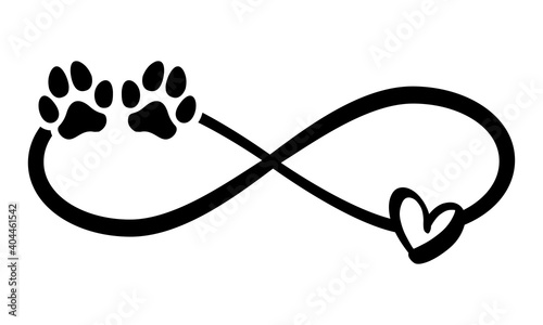 Dog or cat paw prints and heart - in infinity shape - lovely tattoo, ink. Lovely heart with paw print and heart inside infinity symbol. Modern design for pet lovers.