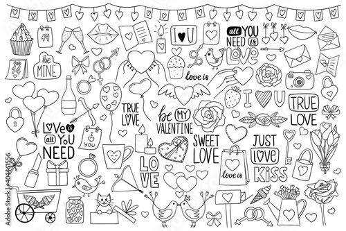 A large set of objects in doodle style on the theme of Valentine s Day. A collection of simple contour design elements drawn by hand and isolated on a white background. Black white vector illustration