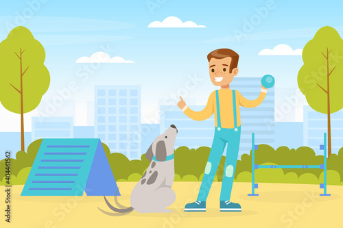 Smiling Boy Training Dog on Playground, Kid Playing with Pet Animal on Summer Landscape Cartoon Vector Illustration