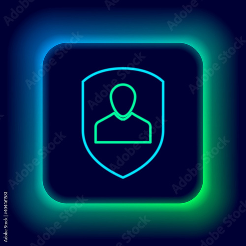 Glowing neon line User protection icon isolated on black background. Secure user login, password protected, personal data protection, authentication. Colorful outline concept. Vector.
