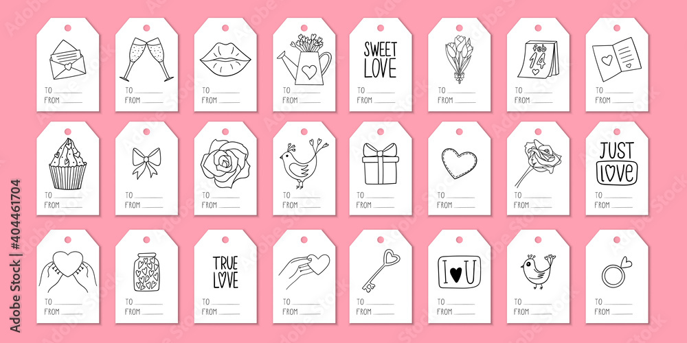 A set of tags for gift wrapping with elements on the theme of Valentine's Day. Doodle-style illustrations are hand-drawn. Black and white vector illustration, isolated on a white background.