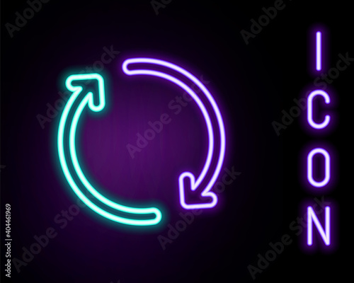 Glowing neon line Refresh icon isolated on black background. Reload symbol. Rotation arrows in a circle sign. Colorful outline concept. Vector.