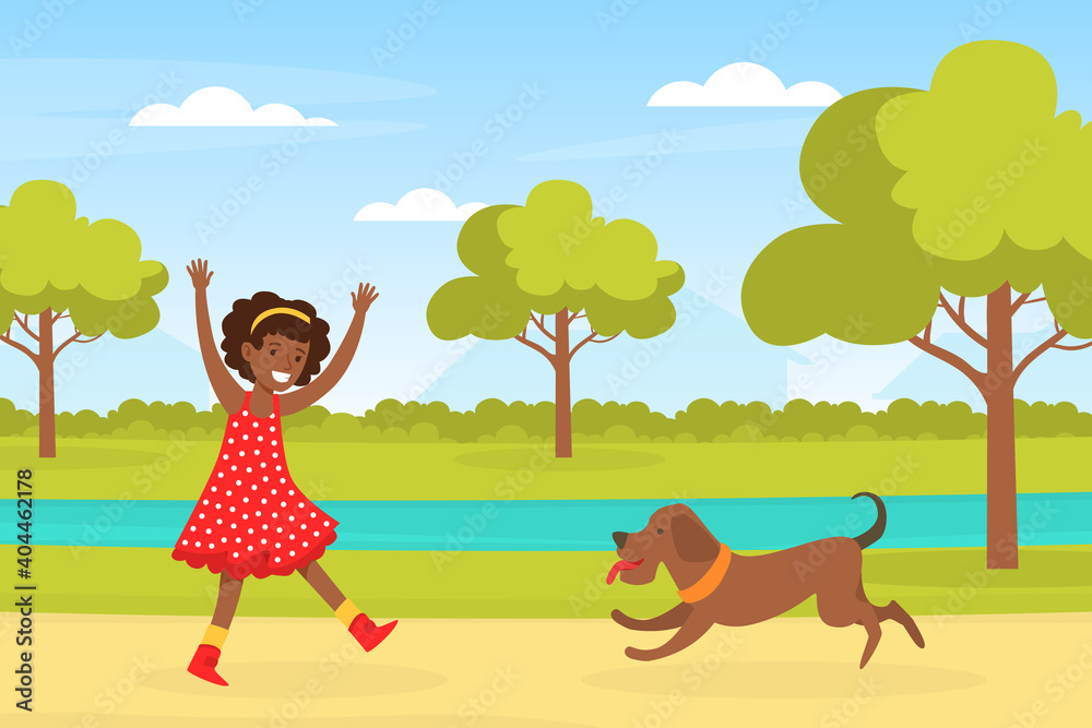 Happy African American Girl Playing with her Dog in Urban Park, Kid Having Fun with Pet Animal on Summer Landscape Cartoon Vector Illustration
