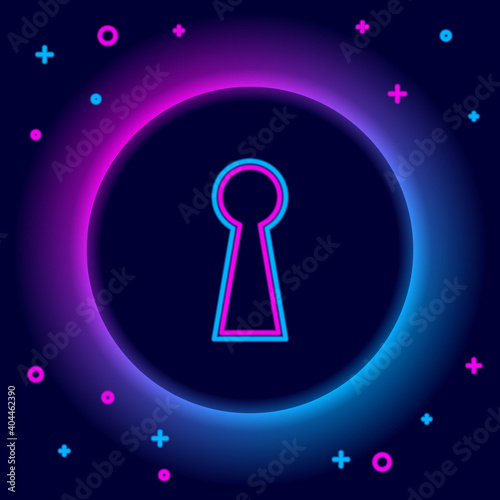 Glowing neon line Keyhole icon isolated on black background. Key of success solution. Keyhole express the concept of riddle, secret, safety, security. Colorful outline concept. Vector.