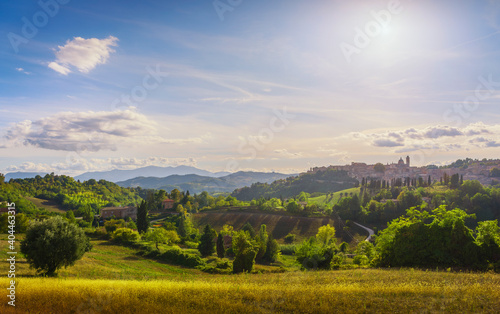 Urbino city skyline and countryside landscape. Marche region, Italy.