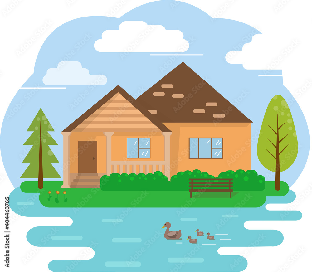 A holiday home and the lake in flat style