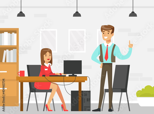 Business Executive or Boss Giving Advice to Female Employee in Office, Supervising at Work, Leadership, Effective and Productive Management Concept Flat Vector Illustration © topvectors