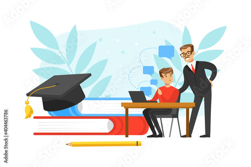 Businessman Chief Looking over Shoulder of Employee Working on Computer, Mentor Training New Worker at Desk Flat Vector Illustration