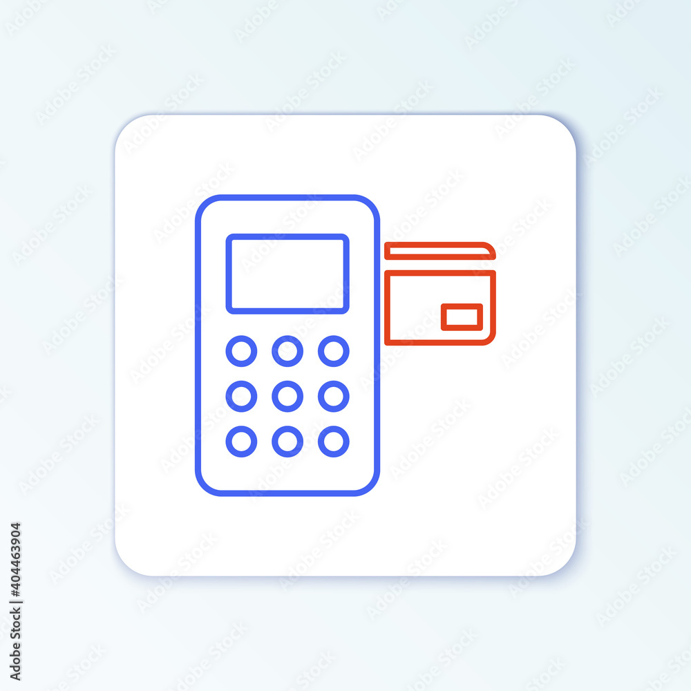 Line Pos terminal with inserted credit card icon isolated on white background. Payment terminal transaction. Colorful outline concept. Vector. Line Pos terminal with inserted credit card icon isolated on white background. Payment terminal transaction. Colorful outline concept. Vector.