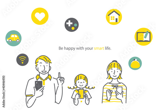 スマホを乗り換えて満足している若い3人家族のシンプルな線画イメージイラスト素材