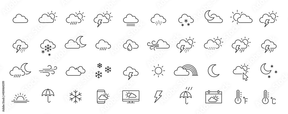 Set of 40 weather web icons in line style. Weather , clouds, sunny day, moon, snowflakes, wind, sun day. Vector illustration.