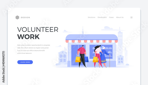 Volunteer care for elderly landing page template. Male and female characters carry shopping bags and help old lady walk.