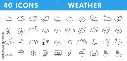 Set of 40 weather web icons in line style. Weather , clouds, sunny day, moon, snowflakes, wind, sun day. Vector illustration.