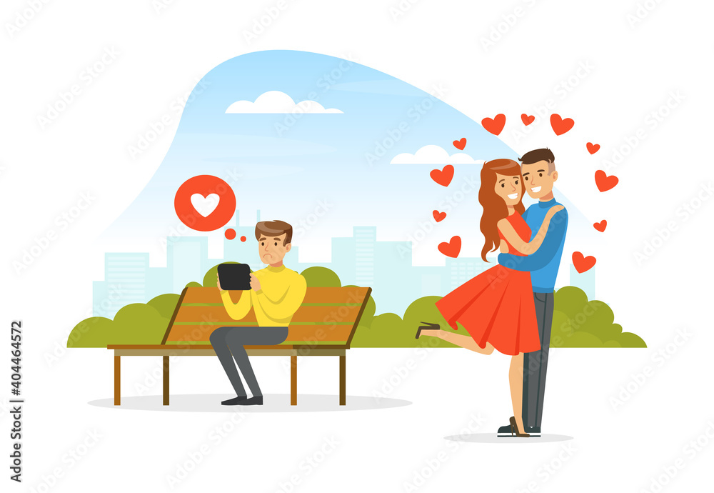 Happy Romantic Couple in Love on Date, Man and Woman Spending Time Together Outdoors Cartoon Vector Illustration