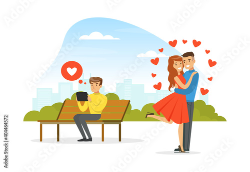 Fototapeta Naklejka Na Ścianę i Meble -  Happy Romantic Couple in Love on Date, Man and Woman Spending Time Together Outdoors Cartoon Vector Illustration