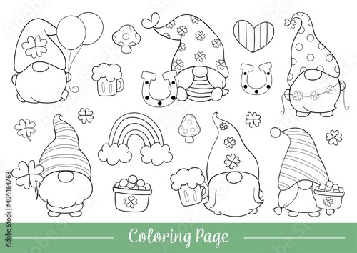 Draw illustration coloring page of cute gnome for St Patrick's day.