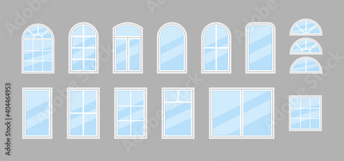 Glass window. Icon of windows with frame for house and office. Double window with arch for balcony. Hung glass for architecture or exterior. Plastic windowpane for building. Isolated icons. Vector photo