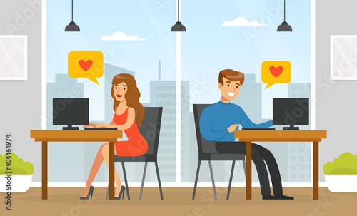 People Using Online Dating Platform for Dating or Searching for Romantic Partner, Man and Woman Chatting Using Computers, Virtual Relationships Concept Vector Illustration