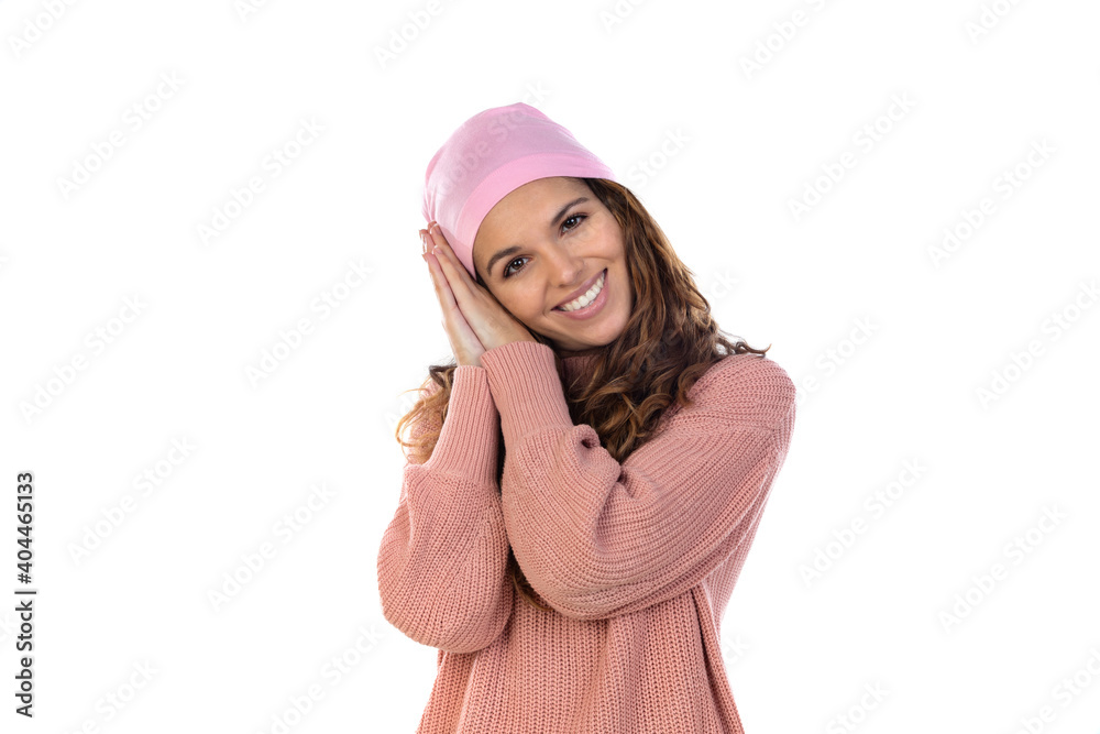 Hopeful woman with cancer wearing a thoughtful pink scarf Hopeful woman with cancer wearing a thoughtful pink scarf