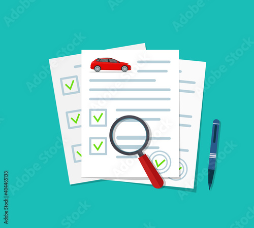 Car insurance document. Check auto on paper. Finance coverage after insurance. Icon of loan on car. Claim on vehicle. Certificate and licence for vehicle. Legal form of automobile contract. Vector photo