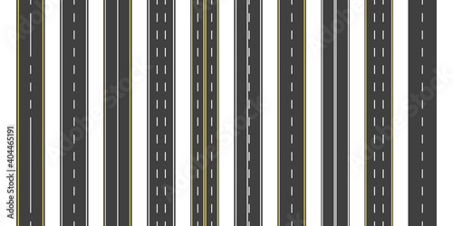 Asphalt road. Seamless straight highway with line. Street, roadway for car with yellow, white strips. Construction of track with lanes for direction. Ways of traffic. Vertical set of textures. Vector