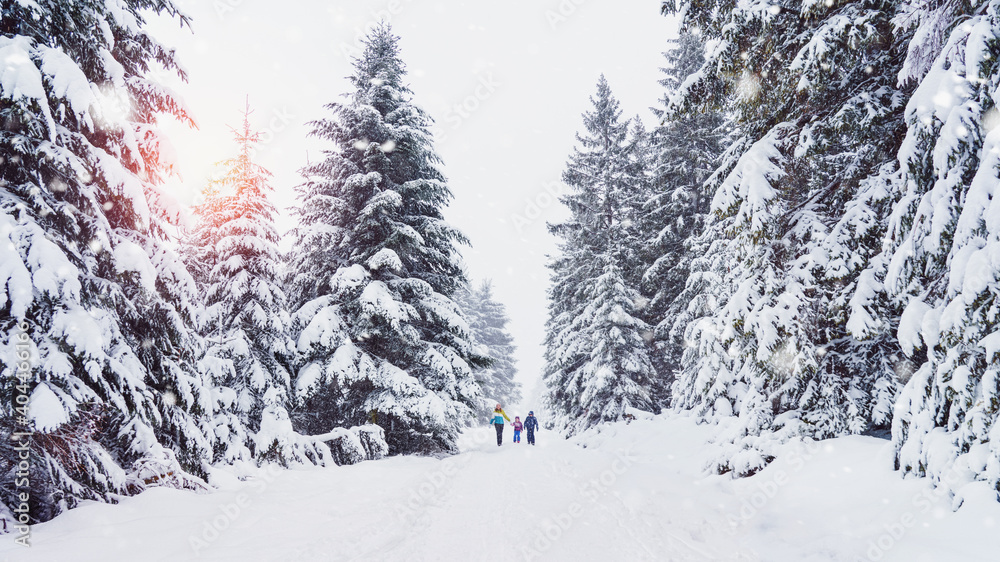 Naklejka premium Happy family is walking in the snow