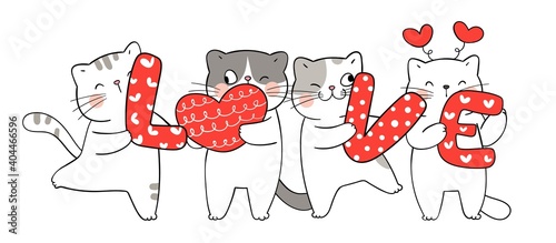 Draw funny cat with love and little heart for Valentine. photo