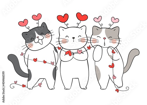Draw vector funny couple love of cat with heart for Valentine.