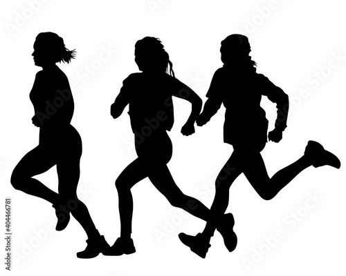 Young athletes run a marathon. Isolated silhouettes on white background