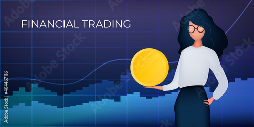 The girl holds a gold coin on the background of financial charts. Neon colors. The concept of trade analytics  business or financial exchange. Vector.