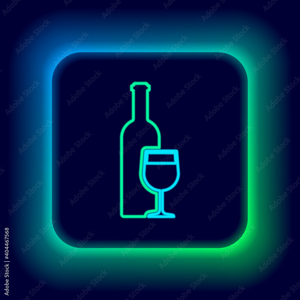 Glowing neon line Wine bottle with wine glass icon isolated on black background. Colorful outline concept. Vector. Glowing neon line Wine bottle with wine glass icon isolated on black background. Colorful outline concept. Vector.