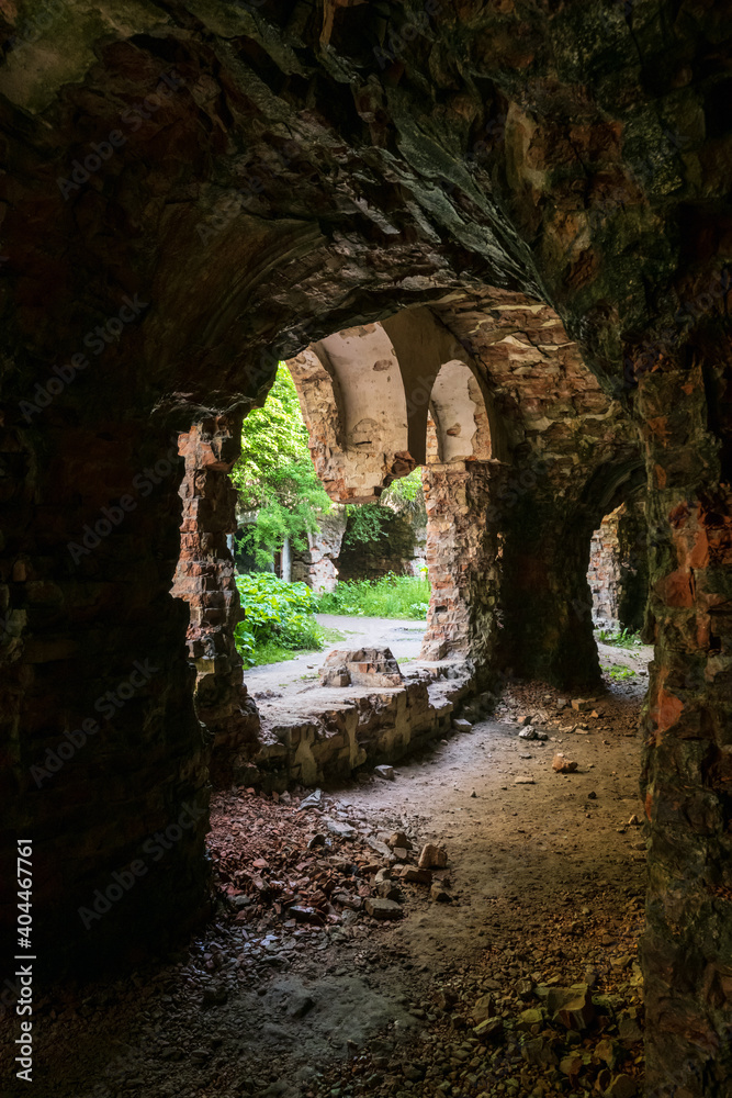 Fototapeta premium Abandoned Military Tarakaniv Fort basements (other names - Dubno Fort, New Dubna Fortress) - a defensive structure, an architectural monument of 19th century, Tarakaniv, Rivne region, Ukraine.