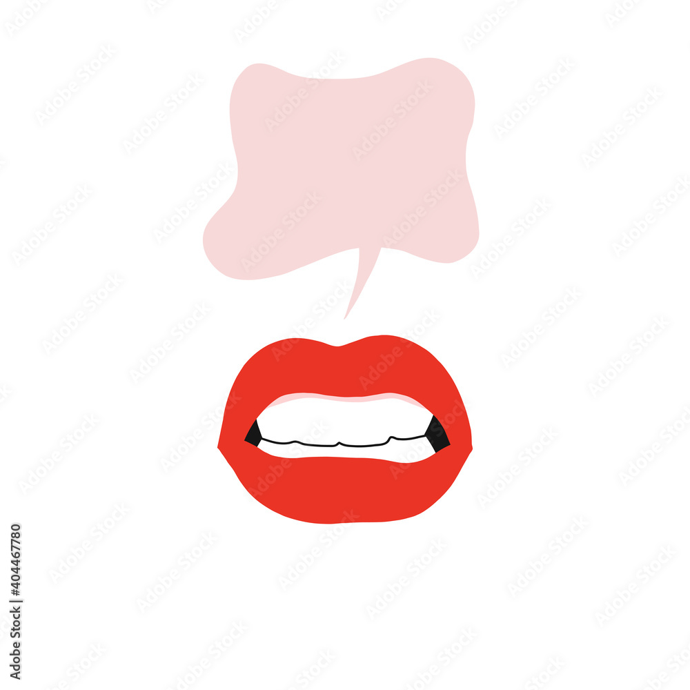 Talking mouth with empty speech bubble for quote. Sexy woman lips with french red lipstick makeup vector illustration isolated on white 