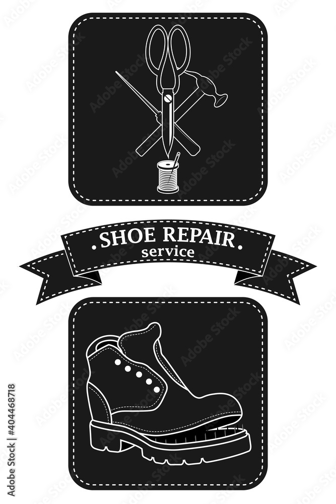Shoe repair service. Vector image of logo. Trendy concept in old retro style Shoe repair service. Vector image of logo. Trendy concept in old retro style