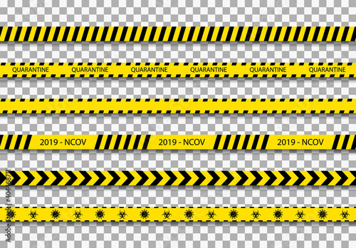 Quarantine tape. Caution stripe for coronavirus zone. Black line on yellow background for warning. Sign of covid, stop and hazard. Banner with strip for safety. Ribbon for danger area. Vector © Wise ant