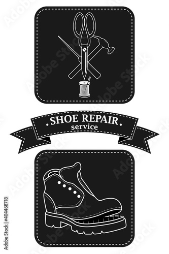Shoe repair service. Vector image of logo. Trendy concept in old retro style