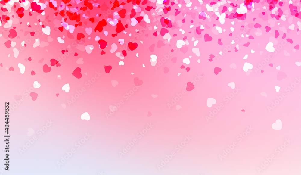 Red and white hearts confetti background.