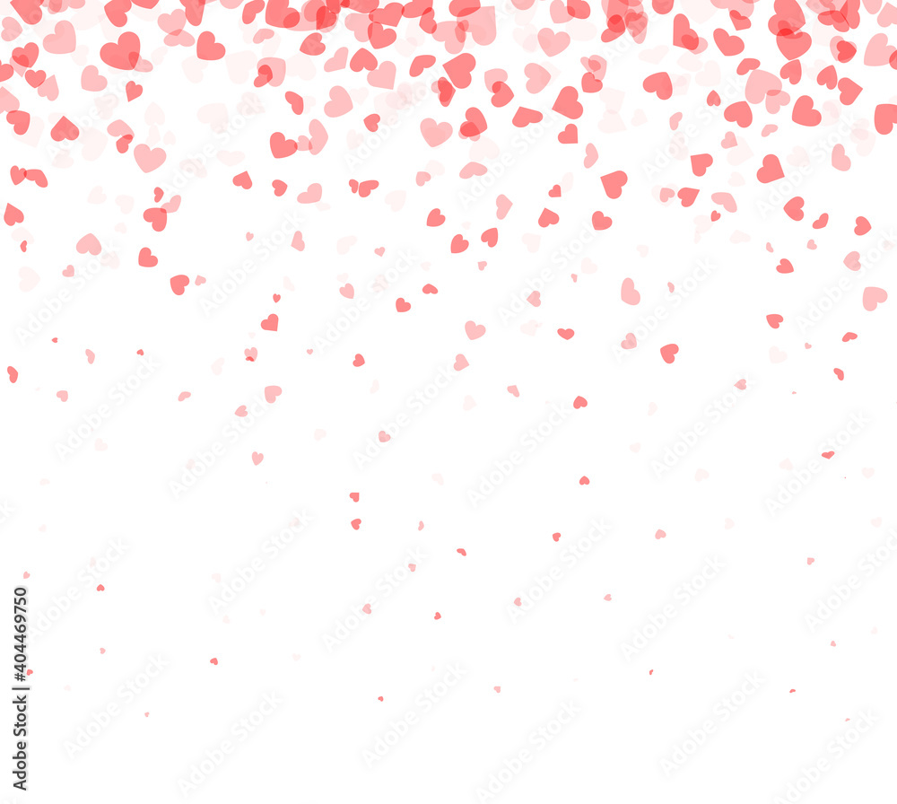 Red hearts falling confetti on white background.