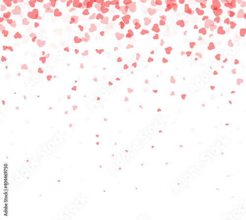 Red hearts falling confetti on white background.