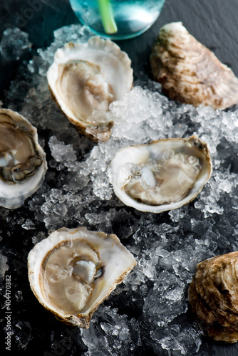 Oysters. Oysters on the half shell. Fresh oysters served with garlic, shallots, cocktail sauce, mignonette sauce and fresh lemons and limes. Classic American steakhouse or French bistro appetizer.