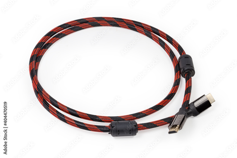 HDMI cable with full-size connectors on a white background HDMI cable with full-size connectors on a white background