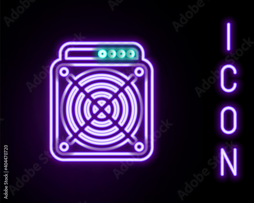 Glowing neon line ASIC Miner icon isolated on black background. Cryptocurrency mining equipment and hardware. Application specific integrated circuit. Colorful outline concept. Vector.
