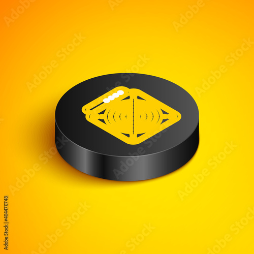Isometric line ASIC Miner icon isolated on yellow background. Cryptocurrency mining equipment and hardware. Application specific integrated circuit. Black circle button. Vector.